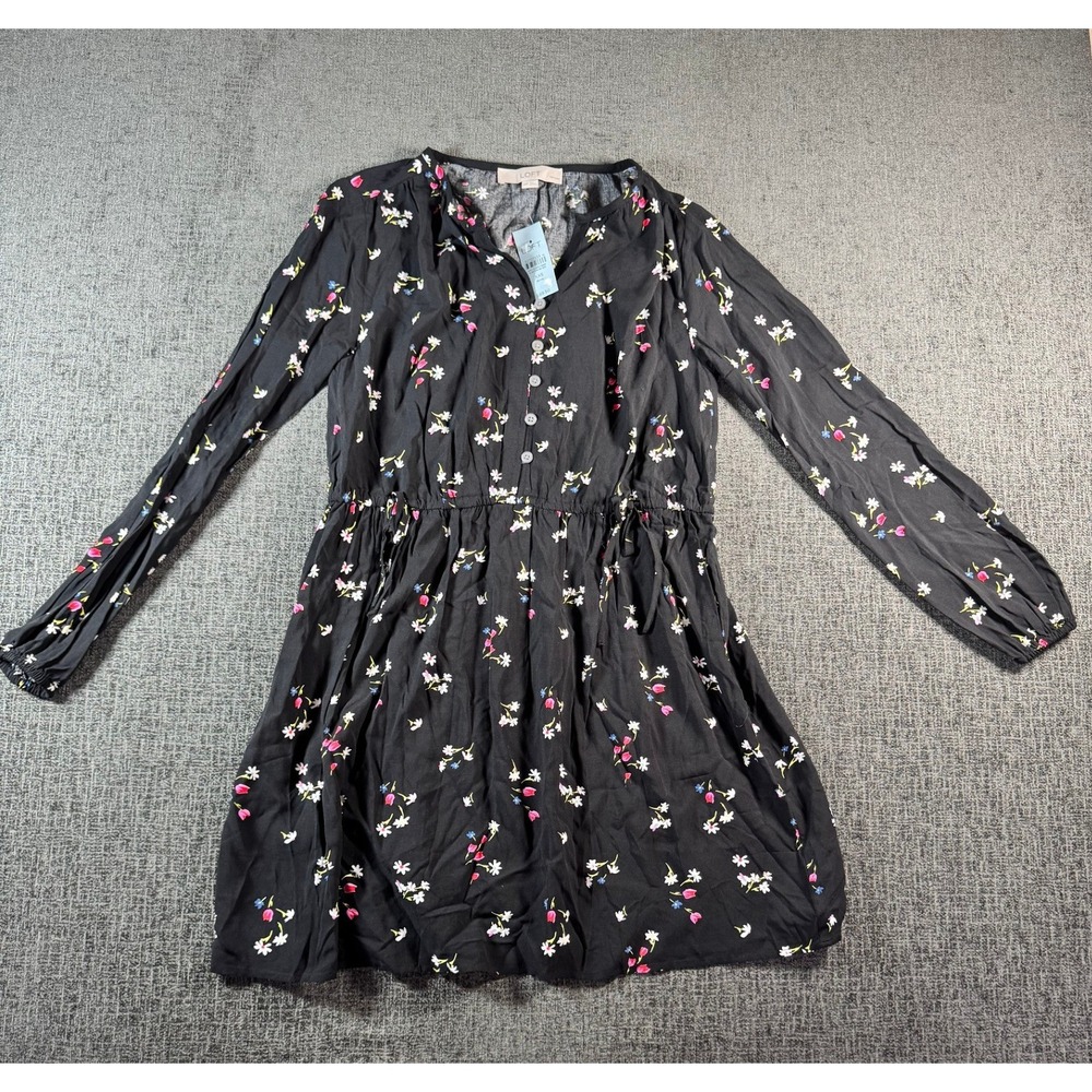 Loft Petites Black Floral Long Sleeve Mini Dress XXSP NWT Button Front Elastic